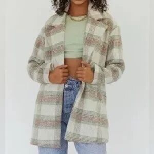 Princess Polly Annabelle Coat Green Cream Plaid Trench women’s size 6